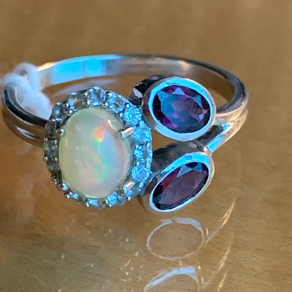 Elegant Silver Opal and Purple Gemstone Ring
